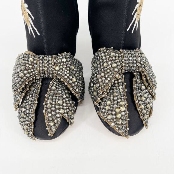 Gucci Black Silk Satin Candy Dragon Embroidered Crystal Bow Heeled Boot EU 37 - Picture 8 of 16